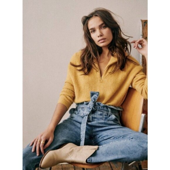 💕SEZANE💕 Austin Belted Paperbag Denim Trousers ~ Bleached Blue FR 36 NWOT - Picture 9 of 16